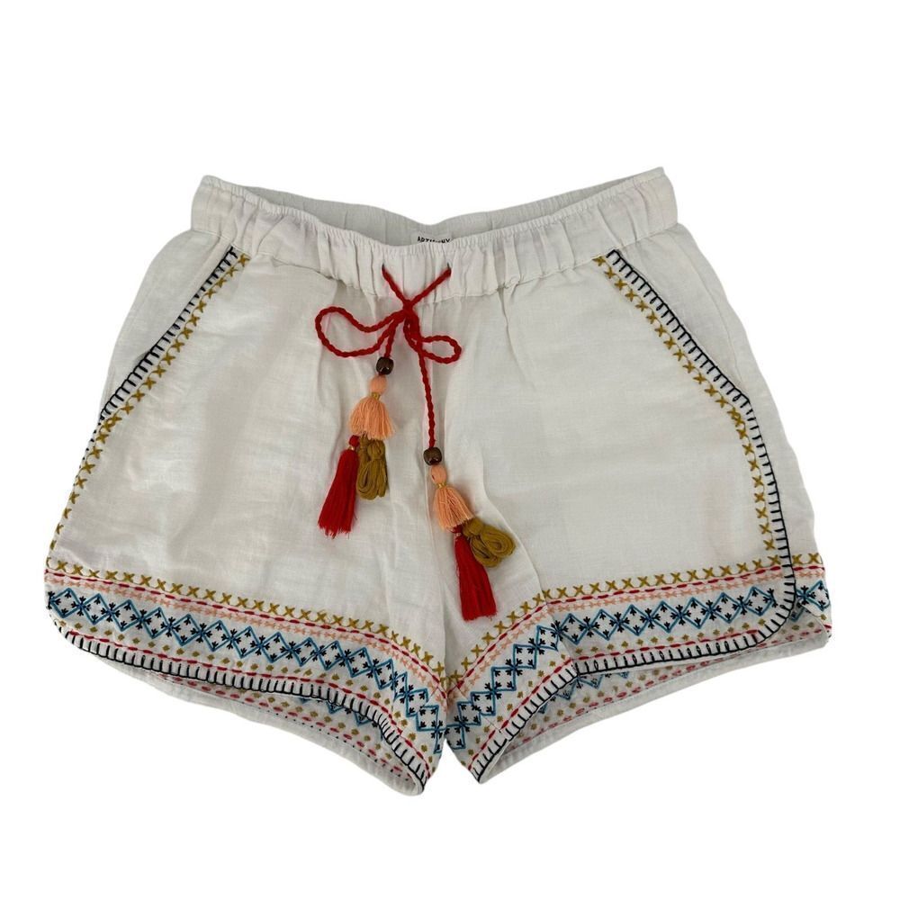 Artisan NY Linen Shorts White Embroidered Bohemian Tassel Size S Elastic Waist